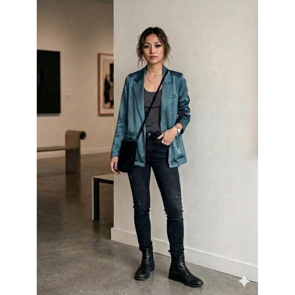 Mystree Teal Blue Satin Open Front Blazer Jacket S Indie Sleaze Office Chic Y2K
